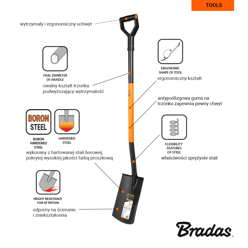 Szpadel prosty z hartowaną głowicą ze stali borowej | KT-V2011