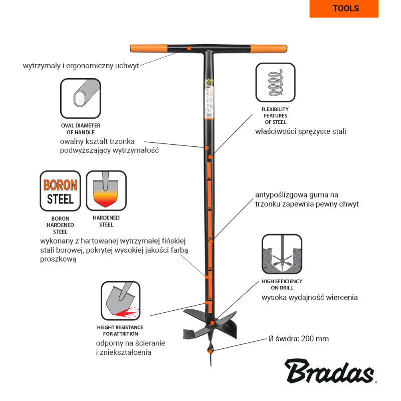 Świder z hartowaną głowicą ze stali borowej - średnica 20cm | KT-V2052