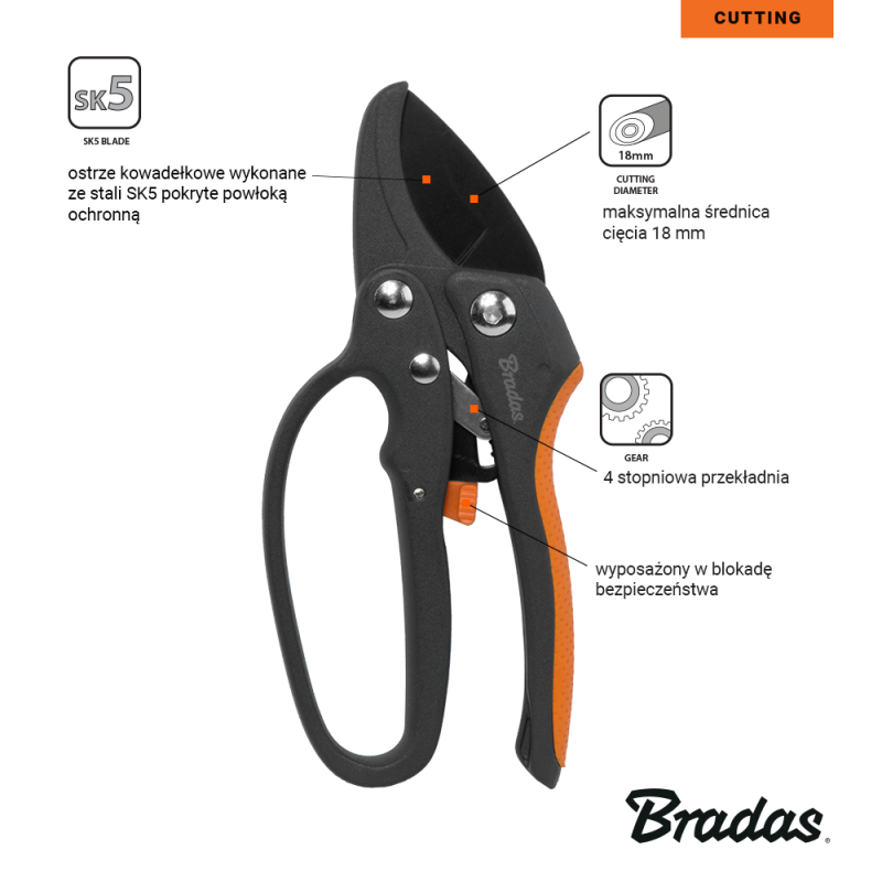 Sekator z 4-STOPNIOWYM mechanizmem V-SERIES-P ostrze kowadełkowe, stal SK5 | KT-V1025