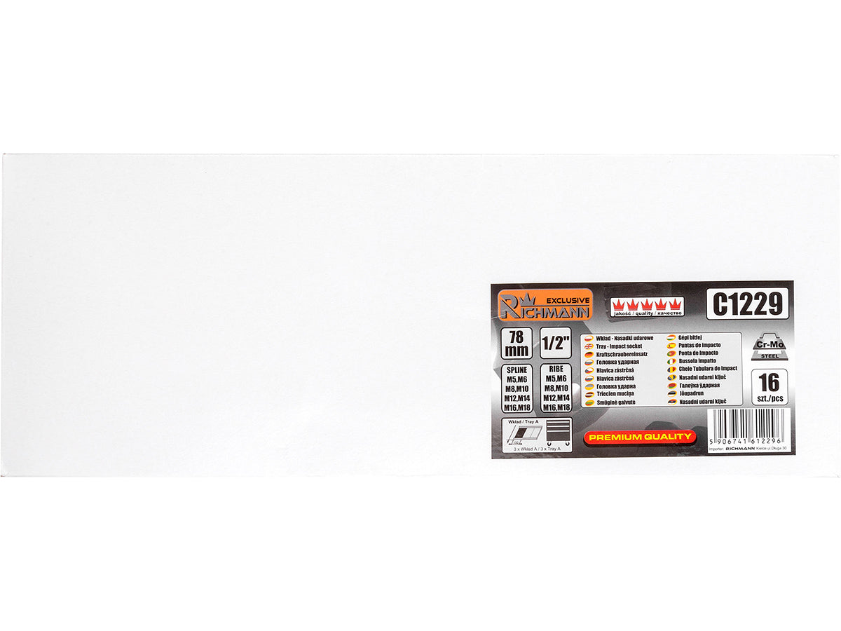 Wkład - nasadki udarowe 1/2' 78mm spline m5-m18, ribe m5-m18 16 elem. + tacka c1101 | C1229 - Centrum Techniczne Gałązka