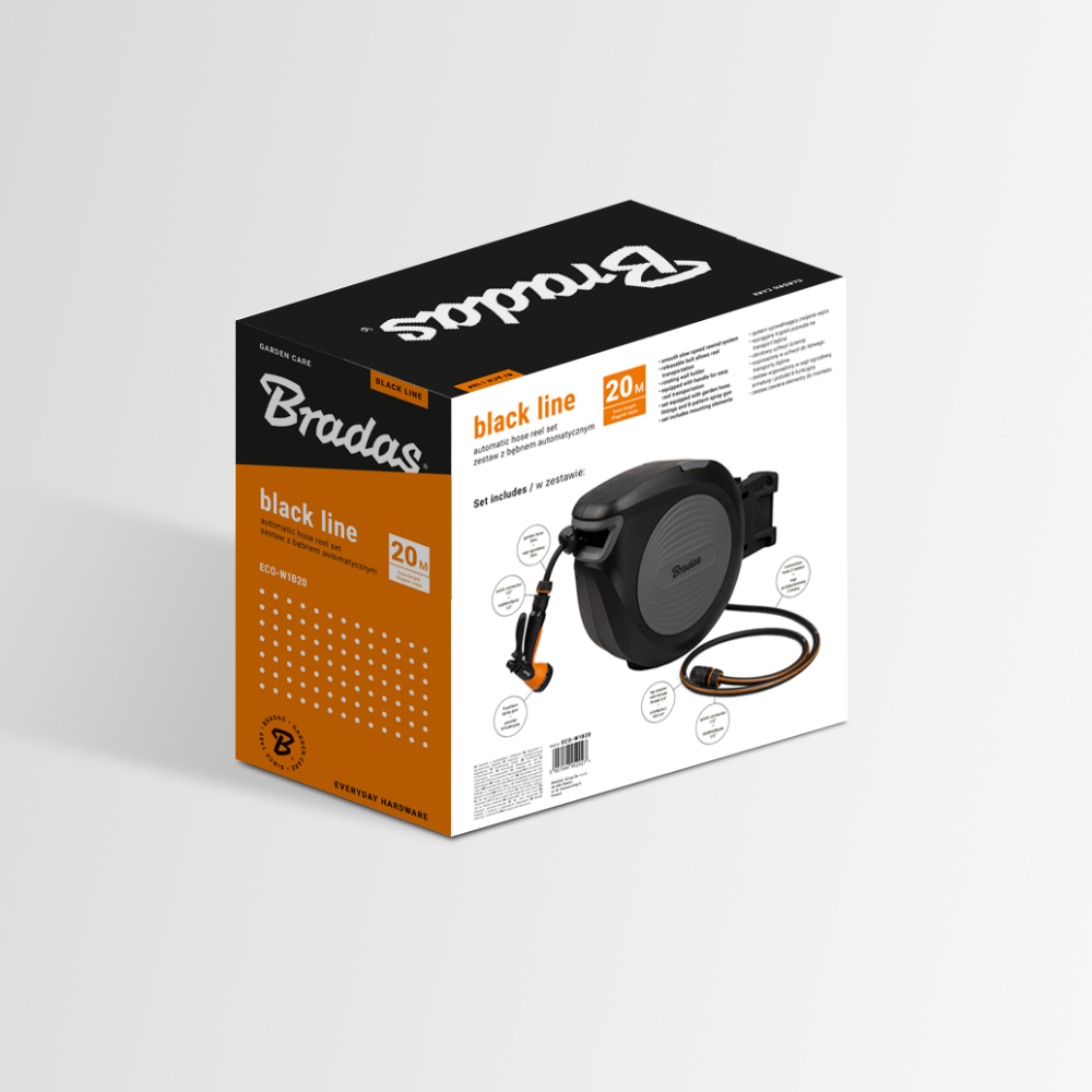 Automatyczny bęben ogrodowy z wężem 1/2 20 m i akcesoriami BLACK LINE | ECO-W1B20