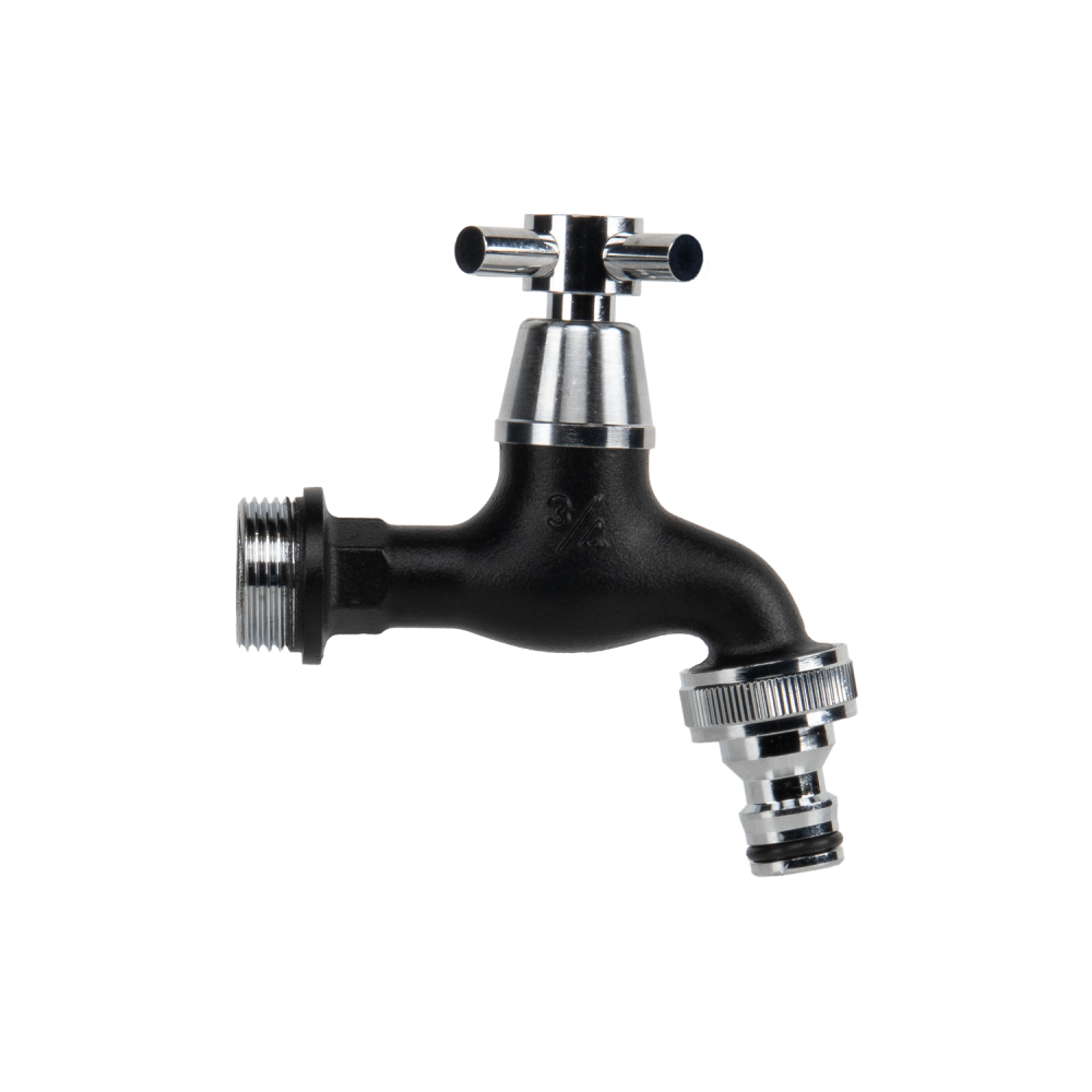 Kran GZ 3/4" × GZ 3/4" z nyplem mosiężny, chromowo-czarny do podłączenia węża i podlewania ogrodu | GKK0T3434BK