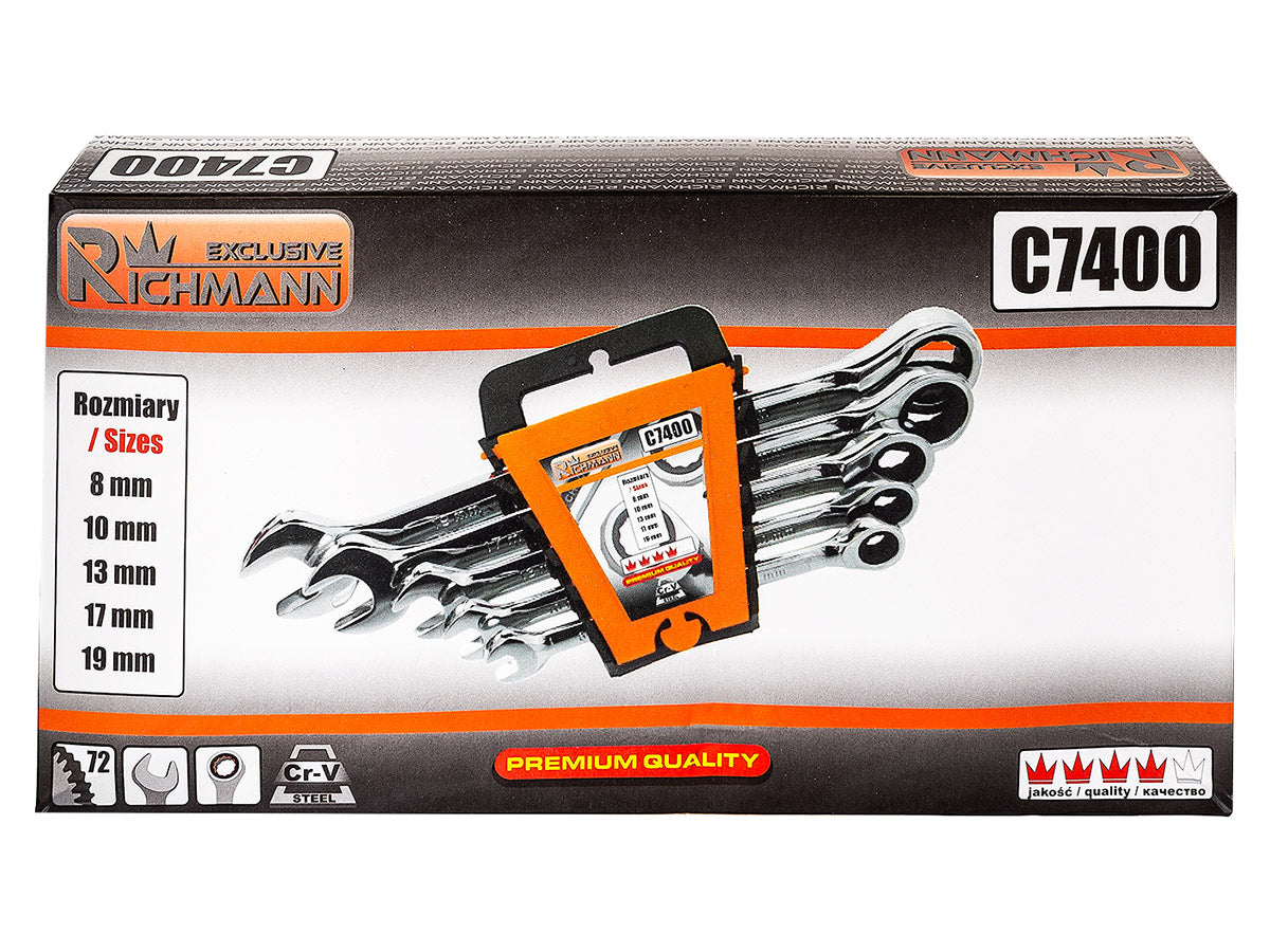 Klucze płasko-oczkowe z grzechotką, polerowane, 8-19 mm zestaw 5 el. | C7400 - Centrum Techniczne Gałązka