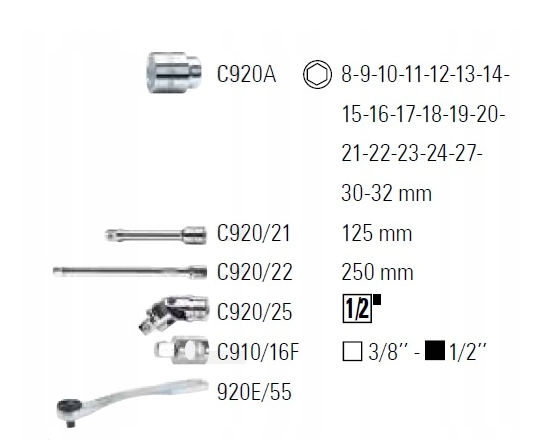 Zestaw nasadek 1/2" i akcesoriów EASY komplet narzędzi ręcznych warsztatowych | 923E/C25
