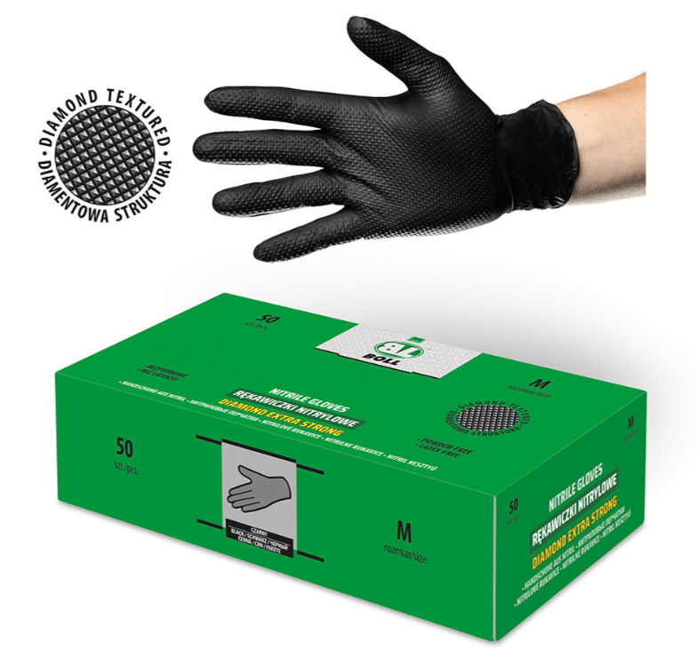 Rękawiczki nitrylowe DIAMOND rozmiar M, 50 sztuk, zapewniają ochronę i komfort użytkowania | 003555