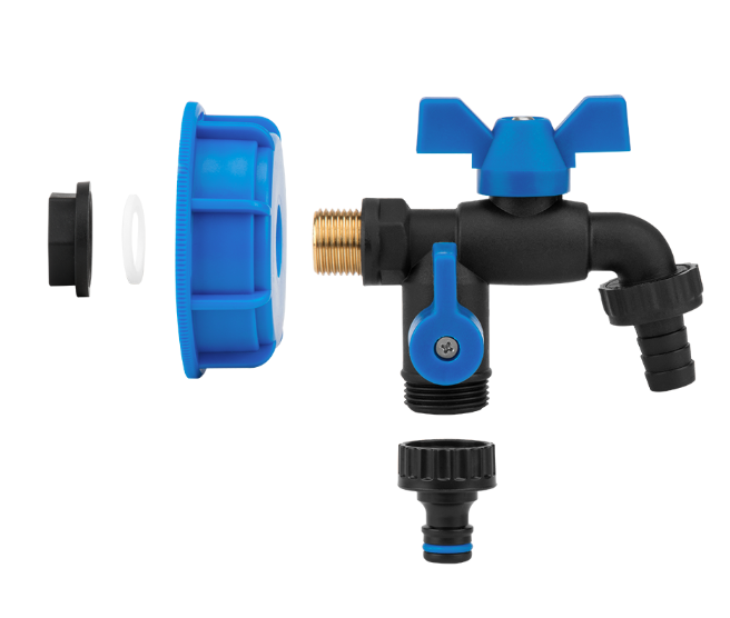 Zestaw IBC S60x6 z kranem BLACK RAVEN GZ 2x3/4" NYLON/BRASS na wąż 5/8" z nyplem do poboru cieczy | IBCS60-GTBR123434NB1