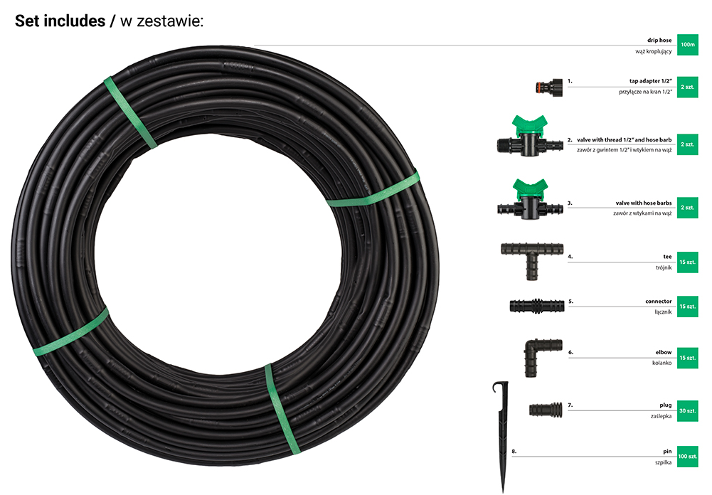 Zestaw z wężem kroplującym WATER FLOW DRIP - 100 m z zegarem przepływu wody | DSWWF100-SET4-T