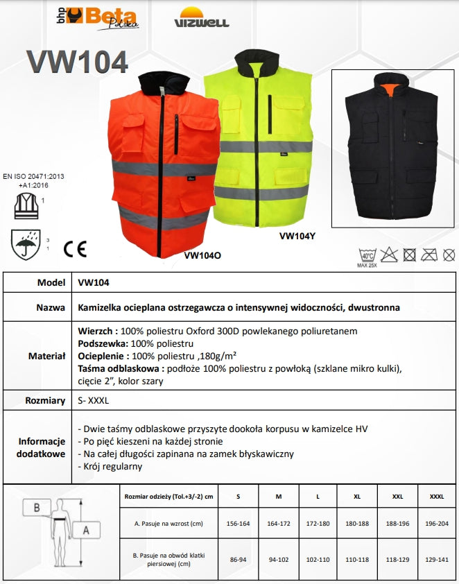KAMIZELKA OCIEPLANA DWUSTRONNA OSTRZEGAWCZA POMARAŃCZOWA VW104O - Centrum Techniczne Gałązka