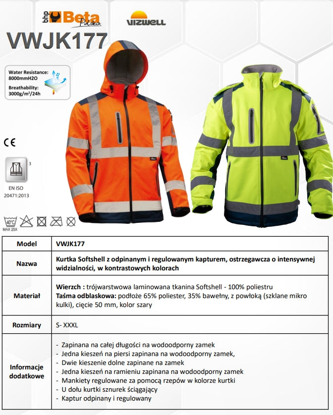 KURTKA SOFTSHELL OSTRZEGAWCZA Z KAPTUREM POMARAŃCZOWO-GRANATOWA VWJK177ON - Centrum Techniczne Gałązka