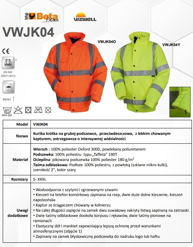 KURTKA KRÓTKA OSTRZEGAWCZA OCIEPLANA Z KAPTUREM ŻÓŁTA VWJK04Y - Centrum Techniczne Gałązka