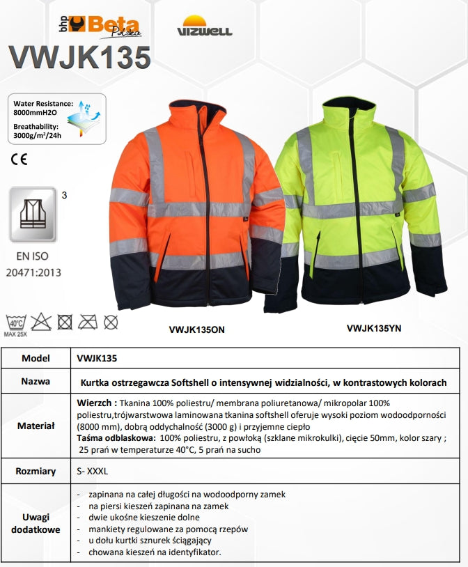 KURTKA SOFTSHELL OSTRZEGAWCZA POMARAŃCZOWO-GRANATOWA VWJK135ON - Centrum Techniczne Gałązka