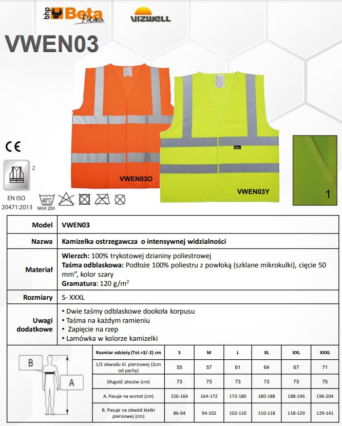KAMIZELKA OSTRZEGAWCZA ŻÓŁTA VWEN03Y - Centrum Techniczne Gałązka