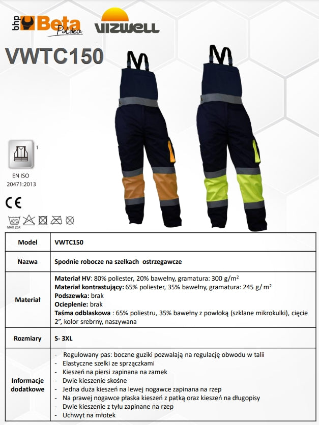 SPODNIE ROBOCZE NA SZELKACH OSTRZEGAWCZE POMARAŃCZOWO-GRANATOWE VWTC150ON - Centrum Techniczne Gałązka