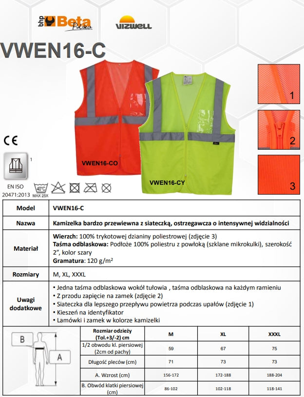 KAMIZELKA OSTRZEGAWCZA Z SIATECZKĄ ŻÓŁTA VWEN16-CY - Centrum Techniczne Gałązka