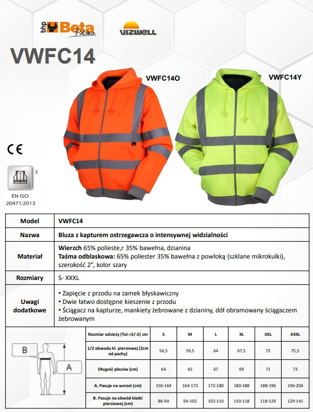 BLUZA OSTRZEGAWCZA Z KAPTUREM POMARAŃCZOWA VWFC14O - Centrum Techniczne Gałązka