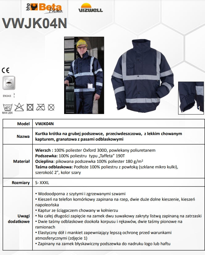 KURTKA ROBOCZA KRÓTKA Z GRUBĄ PODSZEWKĄ GRANATOWA VWJK04N - Centrum Techniczne Gałązka