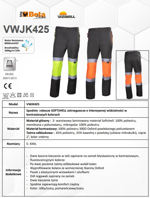 SPODNIE ROBOCZE OSTRZEGAWCZE SOFTSHELL ŻÓŁTO-SZARE VWJK425YG - Centrum Techniczne Gałązka