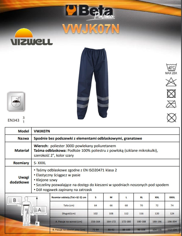 SPODNIE ROBOCZE WODOODPORNE GRANATOWE Z ELEMENTAMI ODBLASKOWYMI VWJK07N - Centrum Techniczne Gałązka