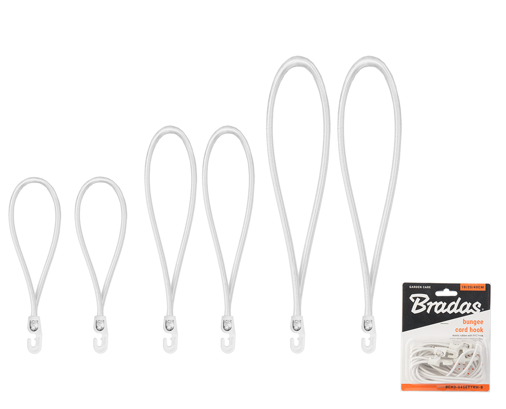 Zestaw gum z hakiem PVC BUNGEE CORD HOOK 2x18cm / 2x25cm / 2x40cm,  Średnica 4mm | BCH3-04SET1WH-B - Centrum Techniczne Gałązka