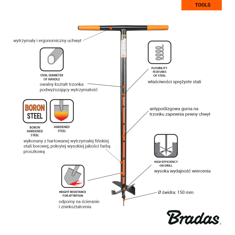 Świder z hartowaną głowicą ze stali borowej - średnica 15cm | KT-V2051