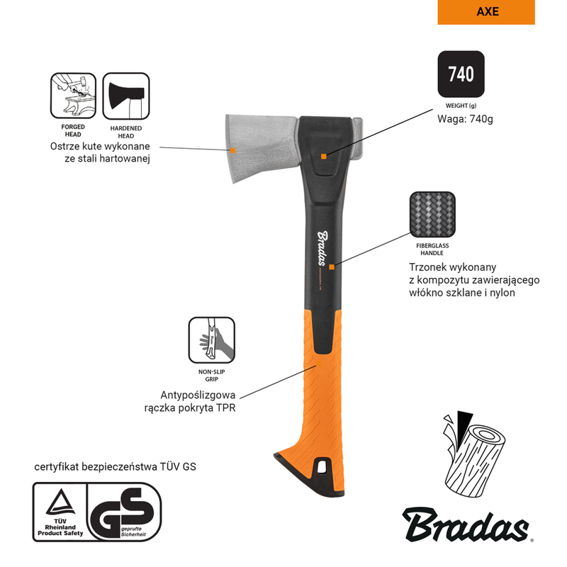 Siekiera uniwersalna NYLON PROFESSIONAL 740 g wytrzymała do rąbania drewna i prac ogrodowych | KT-SN1074