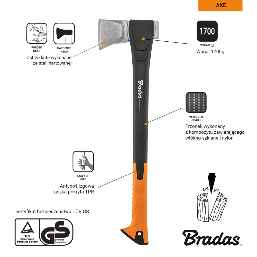 Siekiera rozłupująca NYLON PROFESSIONAL 1700 g mocna do rozłupywania drewna i prac w ogrodzie | KT-SN2170