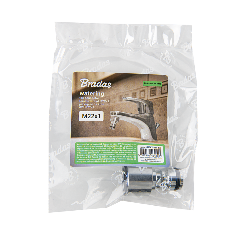 Przyłącze na kran GW M22 mosiężne, chromowane do trwałego podłączenia węża ogrodowego | GKK00M22