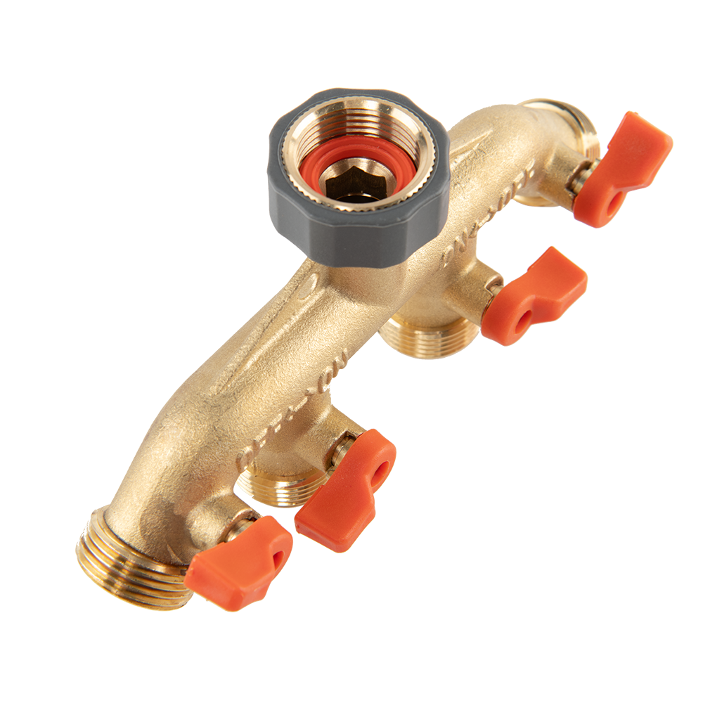 Rozdzielacz 4‑drożny GZ 3/4" z przyłączem na kran GW 3/4" do wygodnego podziału i kontroli przepływu wody| BR-S3034