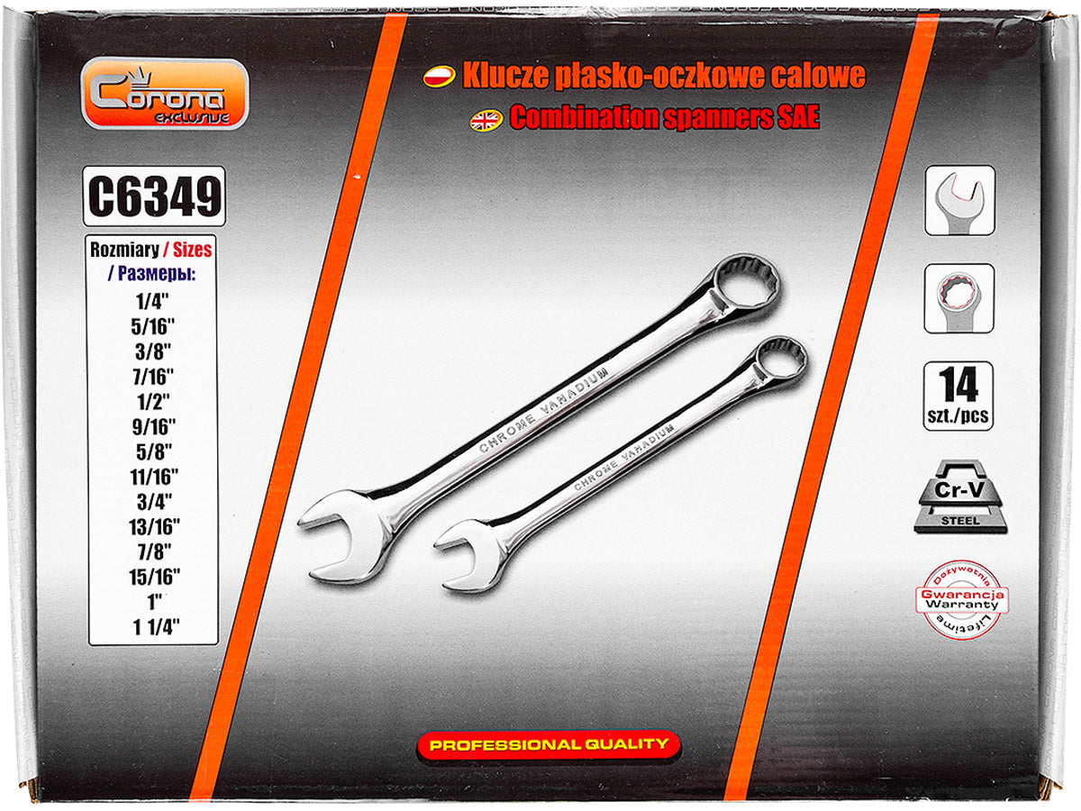 Klucze płasko-oczkowe, calowe 1/4" - 1 1/4", 14 el. | C6349 - Centrum Techniczne Gałązka