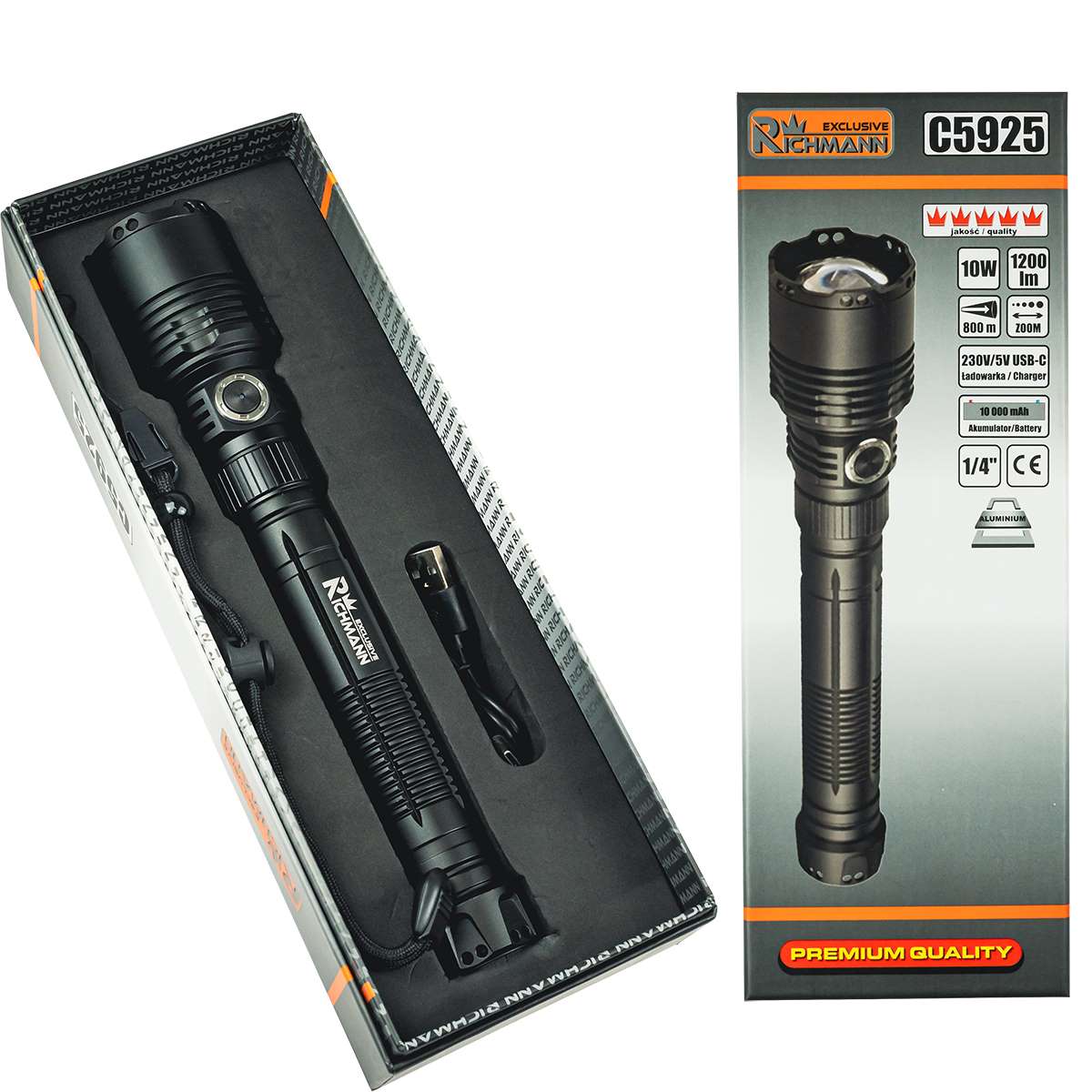 Mocna latarka aluminiowa 10W 1200LM akumulatorowa z dalekim zasięgiem | C5925