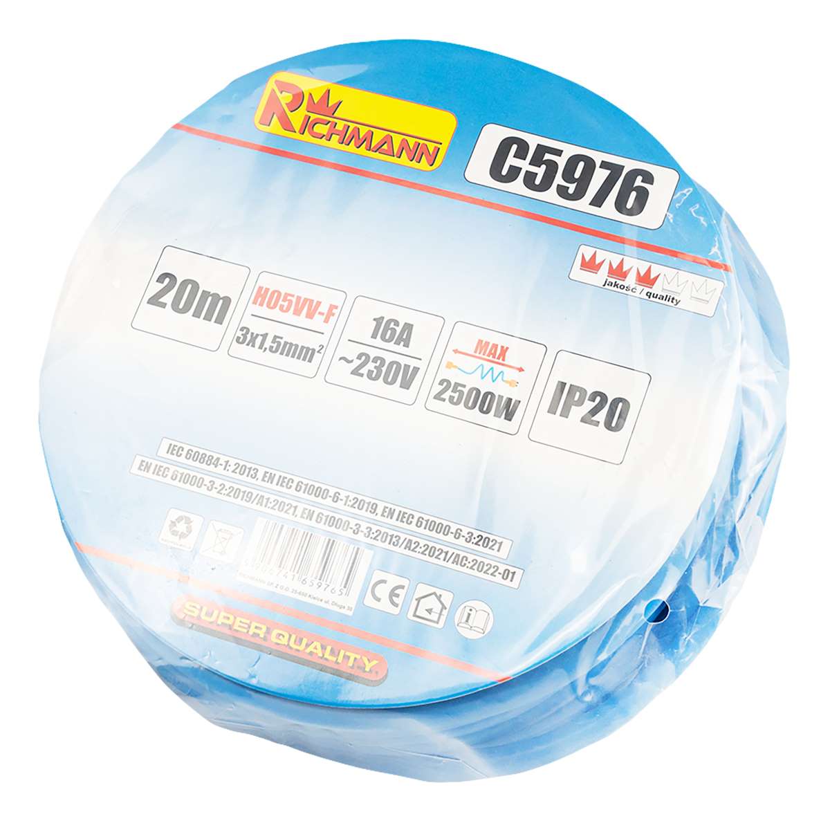 Uniwersalny przedłużacz 20m 3x1,5mm² H05VV-F IP20 do zasilania urządzeń w domu i ogrodzie | C5976