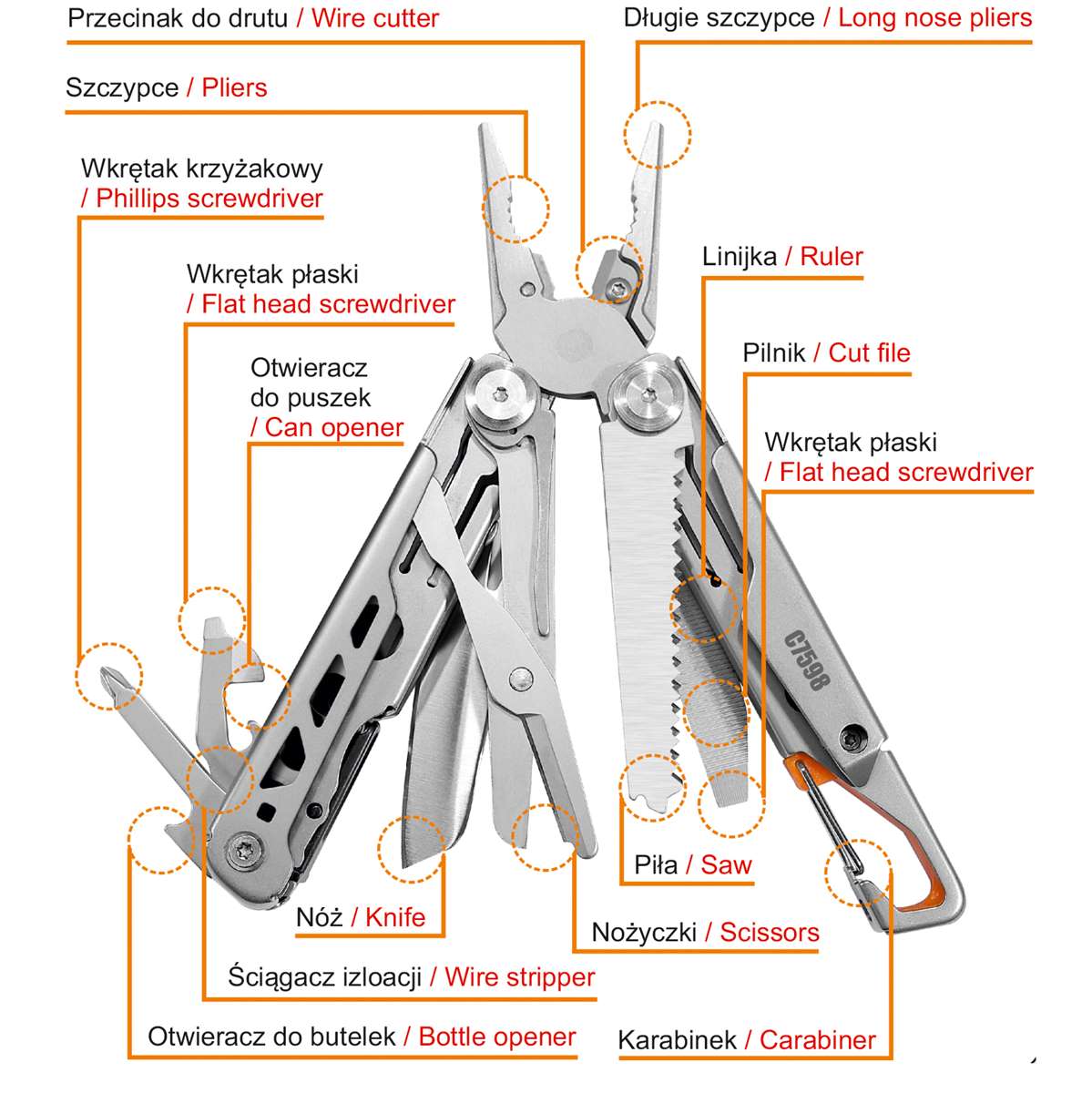 Uniwersalny multitool 170mm 15el. narzędzie wielofunkcyjne ze stali do EDC i turystyki | C7598