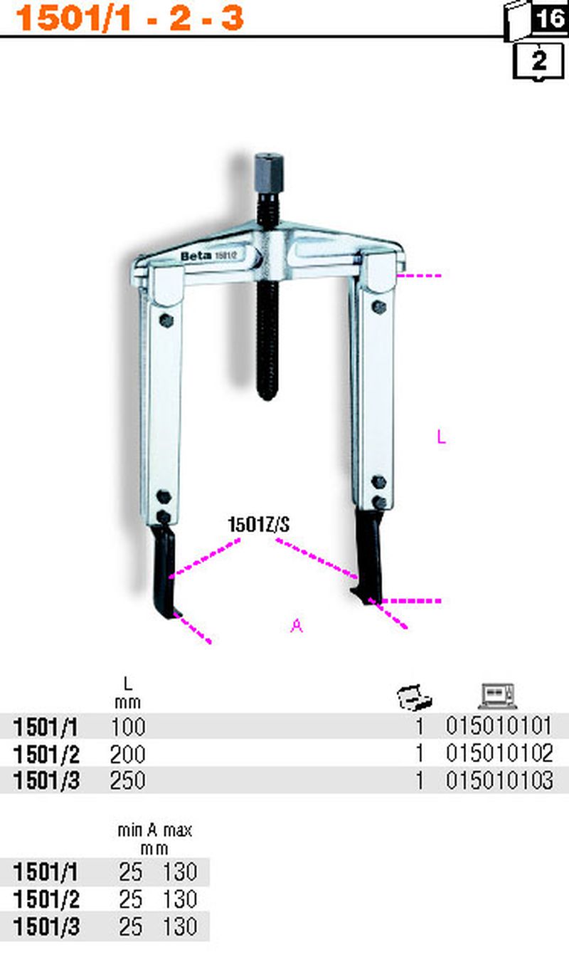 Ściągacz dwuramienny cienkościenny 25÷130 250mm | 1501/3 - Centrum Techniczne Gałązka