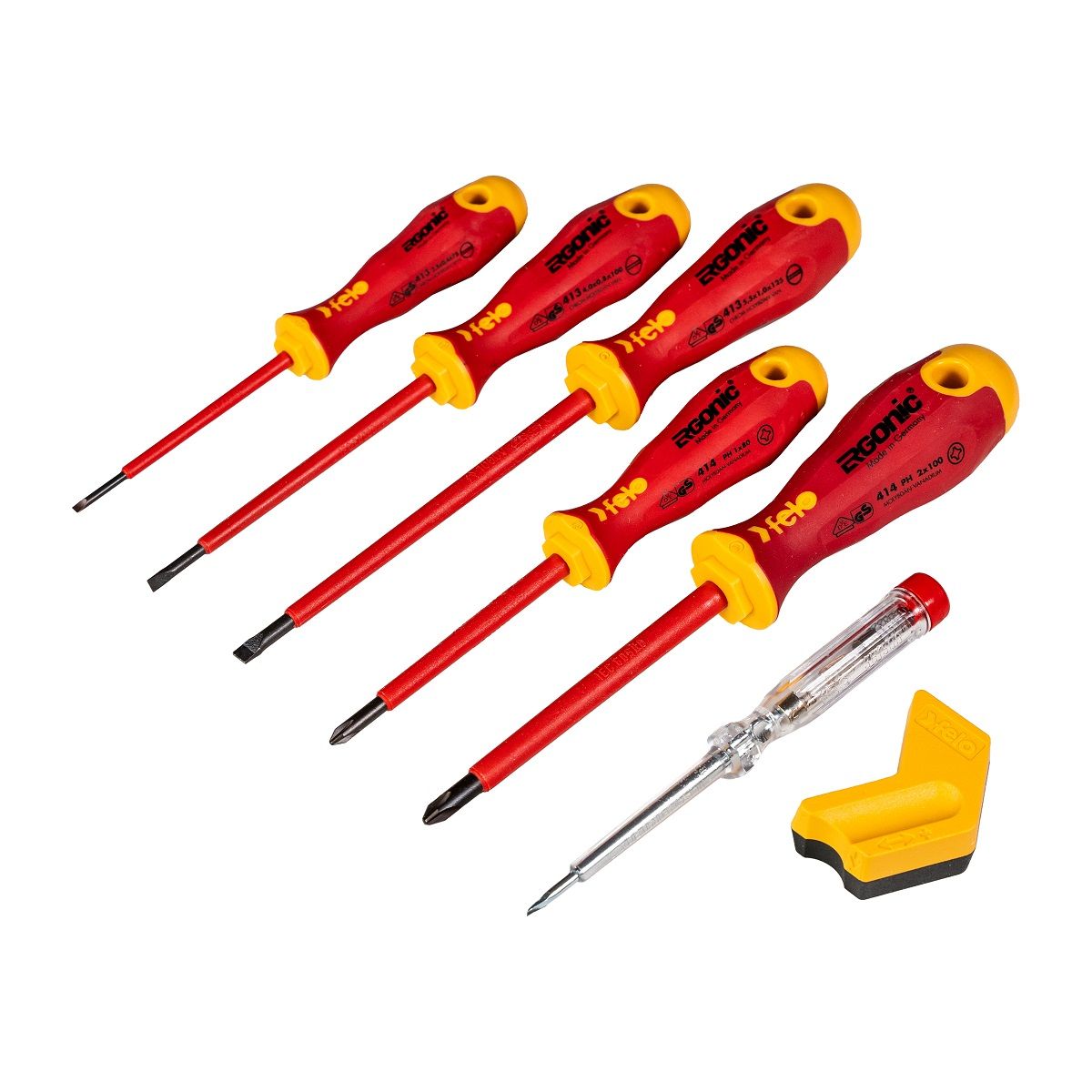 Zestaw 5 wkrętaków VDE z rękojeścią ERGONIC + próbnik i magnetyzer | 41396398