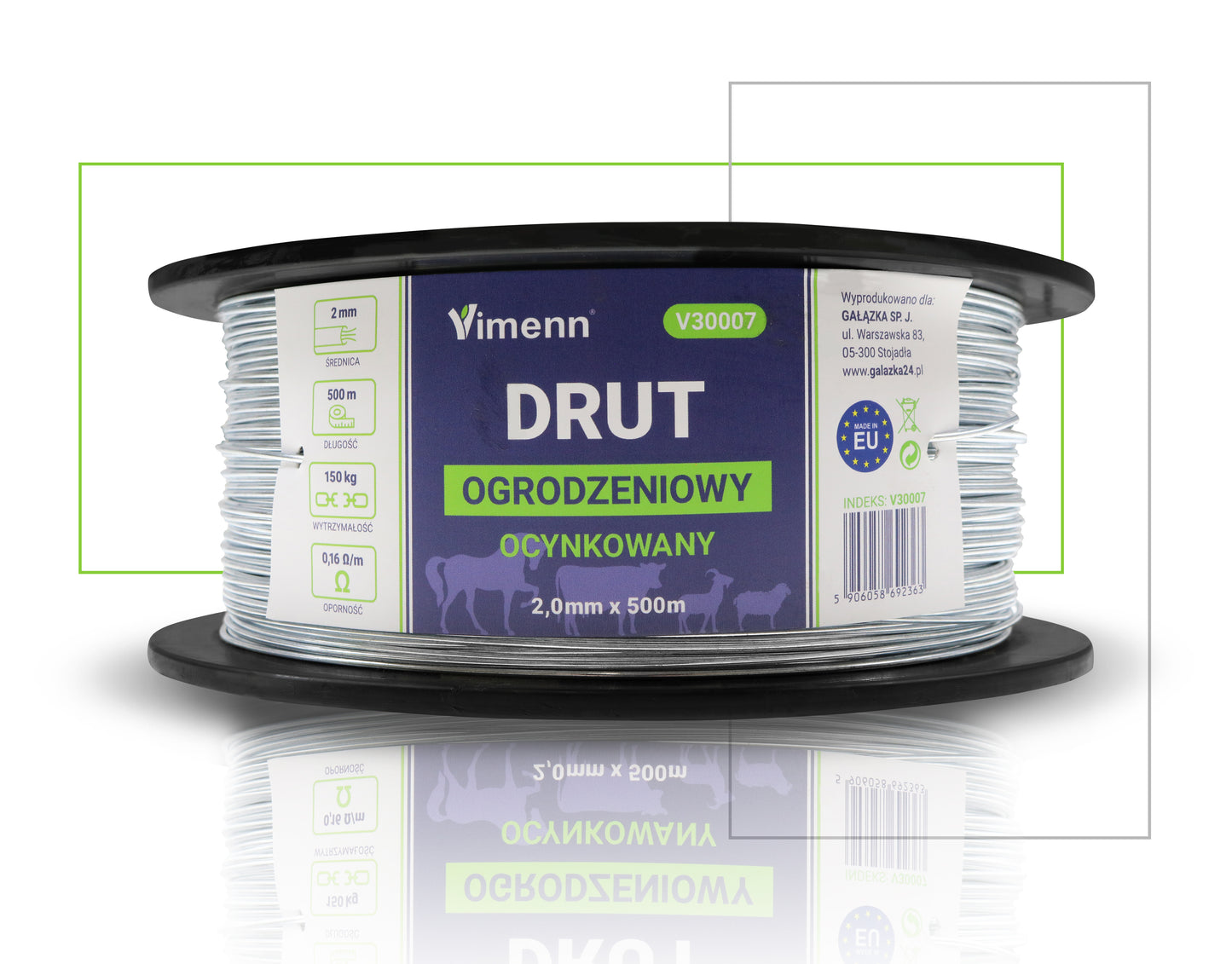 DRUT OGRODZENIOWY OCYNKOWANY PRZEWODNIK PASTUCHA SZPULA 2,0mm 500m | V30007