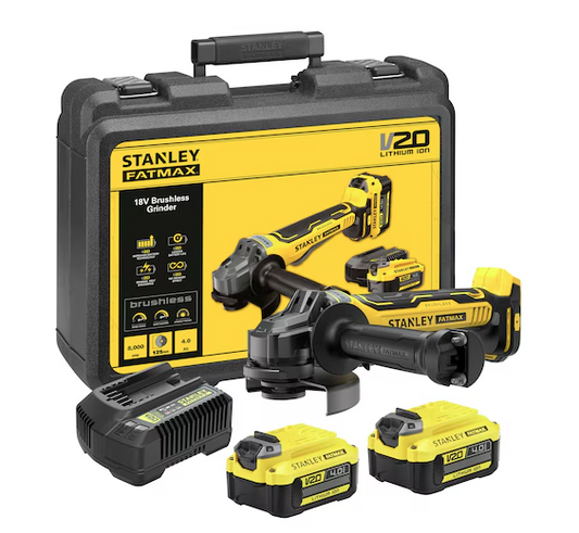 Szlifierka kątowa FatMax 18V 125mm 2x4,0Ah – Wytrzymała i wydajna do ciężkich prac szlifierskich | SFMCG700M2K-QW