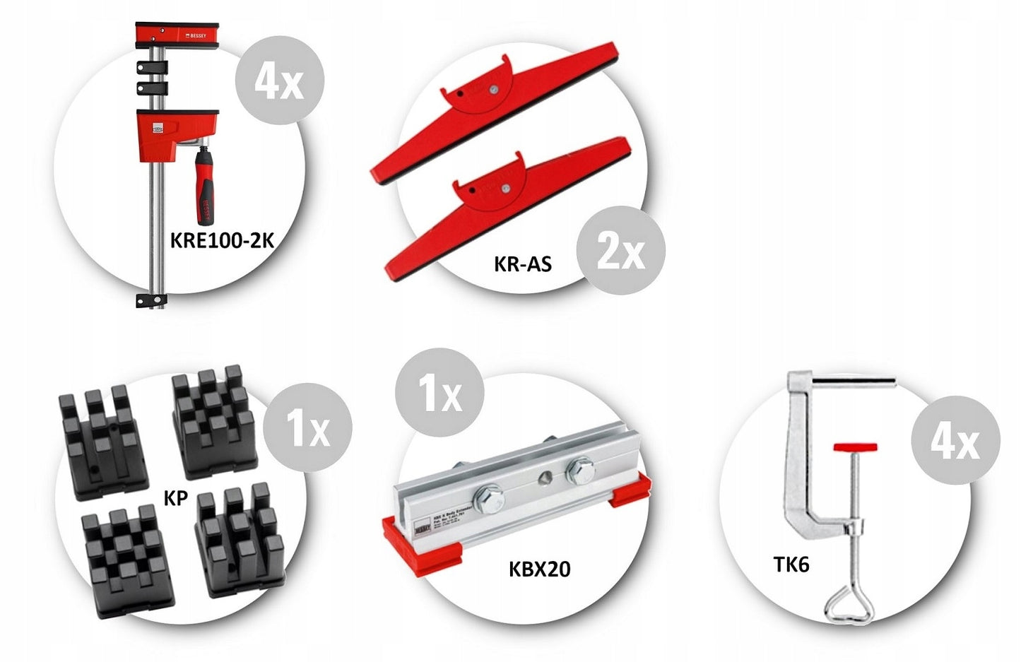 Zestaw ścisków stolarskich pełnopowierzchniowych REVO KRE SET A + akcesoria | KRE-SET-A