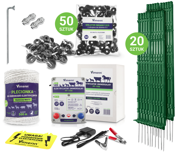 ELEKTRYZATOR PASTUCHA Z PLECIONKĄ PALIKI UZIOM IZOLATORY PF-1100