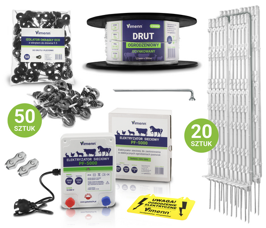Elektryzator pastucha z drutem, izolatorami, palikami i uziemieniem w zestawie | PF-5000