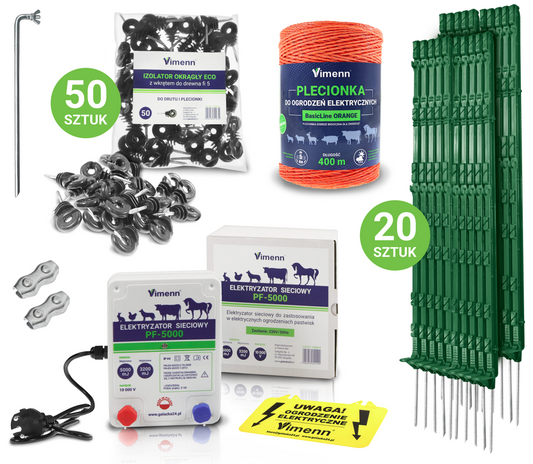 Elektryzator pastucha z plecionką, izolatorami, palikami i uziemieniem w zestawie | PF-5000