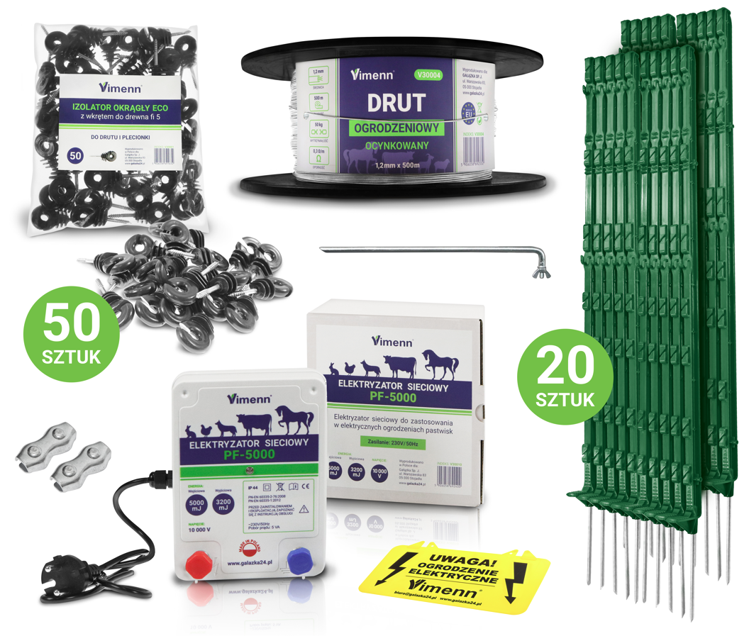 Zestaw elektryzatora pastucha z drutem, izolatorami, palikami i uziemieniem | PF-5000