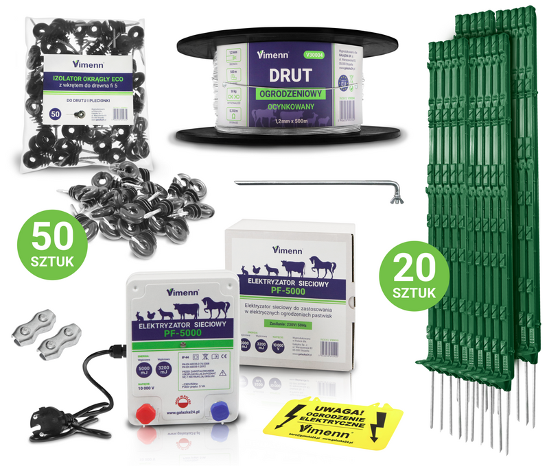 Zestaw elektryzatora pastucha z drutem, izolatorami, palikami i uziemieniem | PF-5000