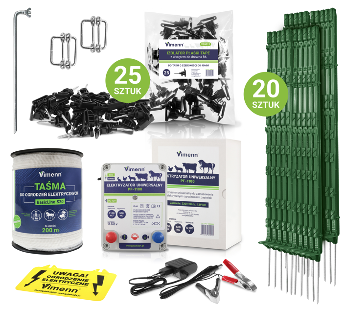ZESTAW ELEKTRYZATOR PF-1100 S20BI Z TAŚMĄ IZOLATORAMI UZIEMIENIEM I ZIELONYMI PALIKAMI VIMENN
