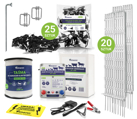ZESTAW ELEKTRYZATOR PF-1100 S20BI Z TAŚMĄ IZOLATORAMI UZIEMIENIEM ŁĄCZNIKAMI I BIAŁYMI PALIKAMI VIMENN