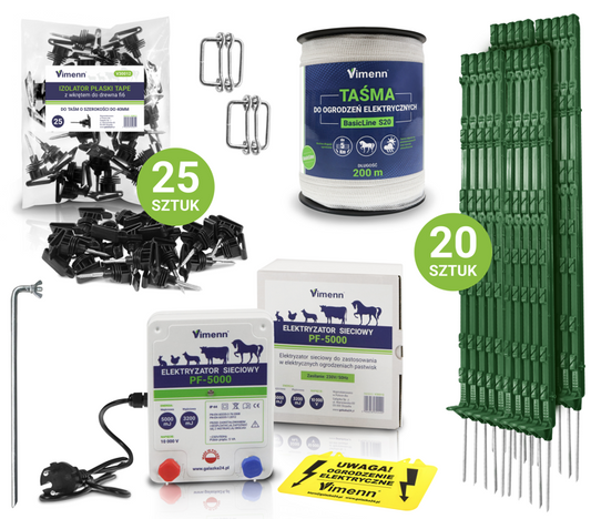 ZESTAW ELEKTRYZATOR PF-5000 S20BI Z TAŚMĄ IZOLATORAMI UZIEMIENIEM ZIELONYMI PALIKAMI I ŁĄCZNIKAMI VIMENN