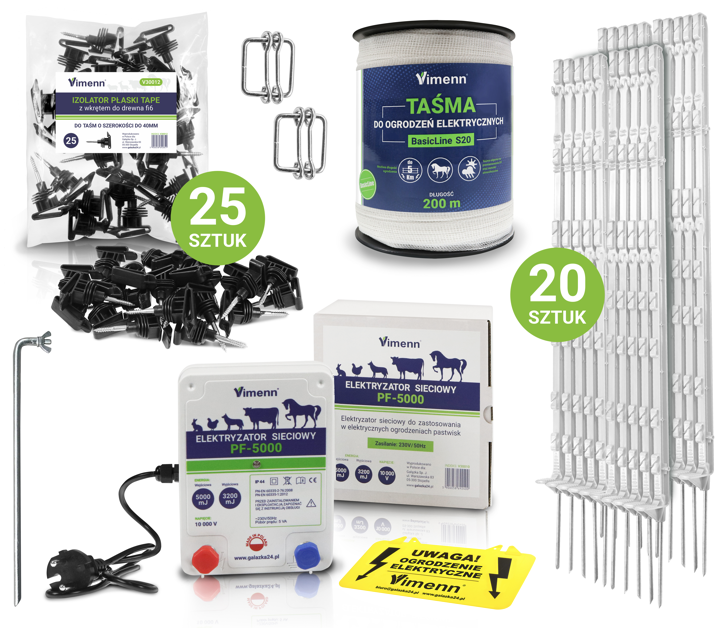 ELEKTRYZATOR PF-5000 S20BI Z TAŚMĄ IZOLATORAMI UZIEMIENIEM ŁĄCZNIKAMI I BIAŁYMI PALIKAMI VIMENN