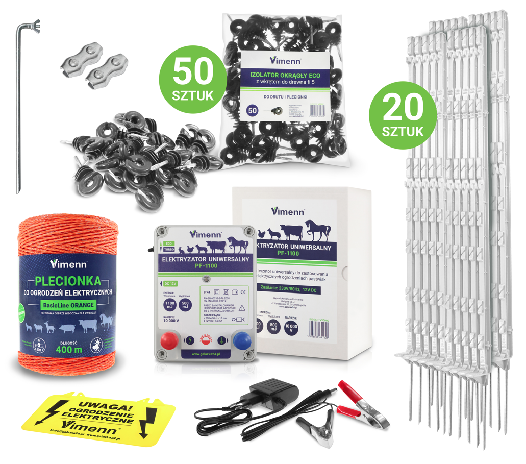 ELEKTRYZATOR PASTUCHA PLECIONKA IZOLATORY PALIKI UZIEMIENIE PF-1100