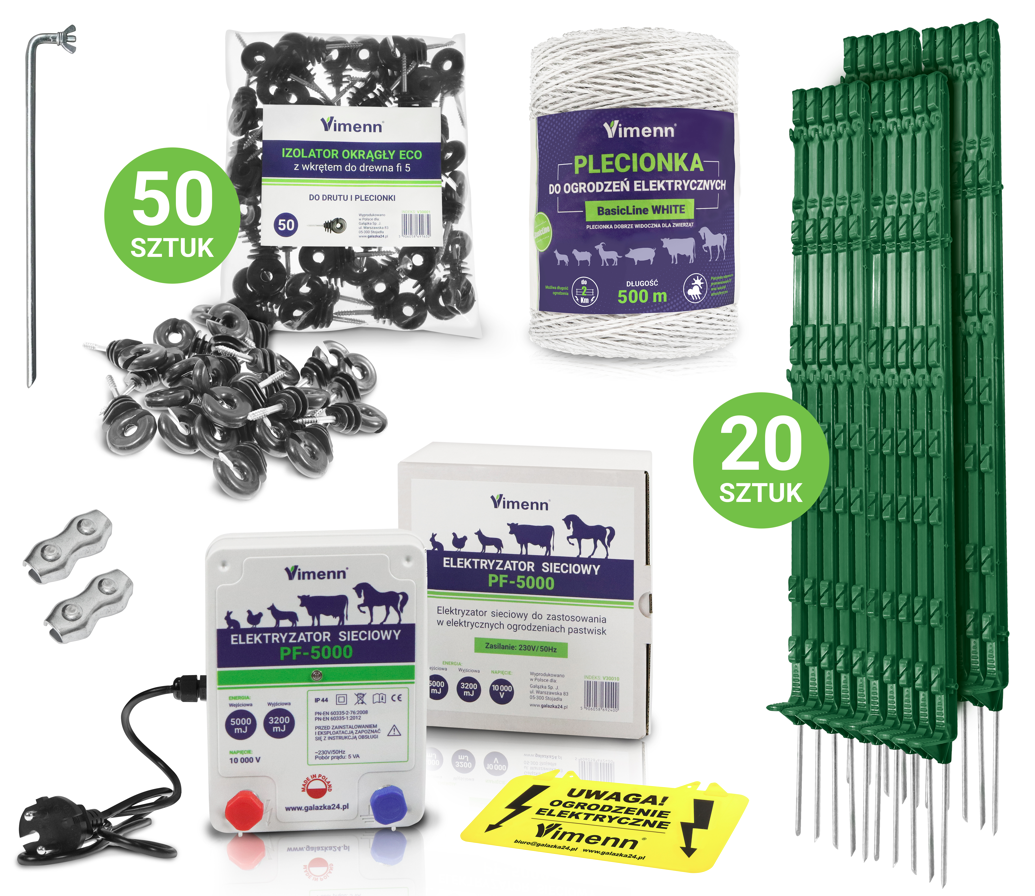 Elektryzator pastucha z plecionką, izolatorami, palikami i uziemieniem w komplecie | PF-5000