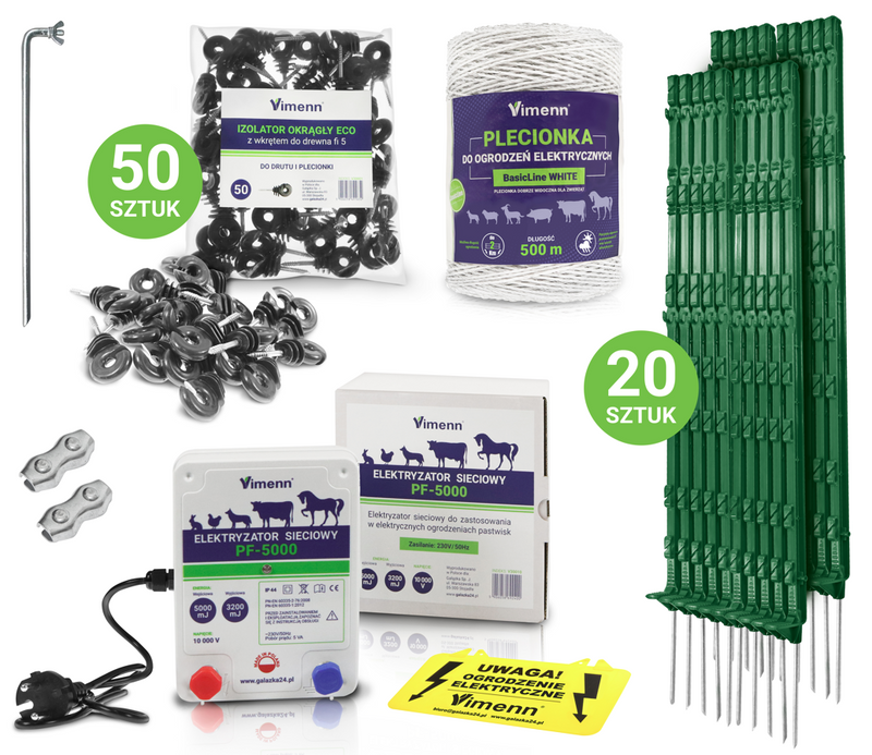 Elektryzator pastucha z plecionką, izolatorami, palikami i uziemieniem w komplecie | PF-5000