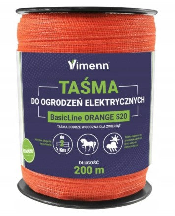 Kompletny zestaw ogrodzeniowy z elektryzatorem VIMENN PF-1100 zawierający pomarańczową taśmę, izolatory oraz uzio